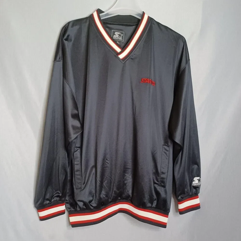 Starter Jacket Mens XL Pullover Black Red White Striped Trim 90s Classic Vintage